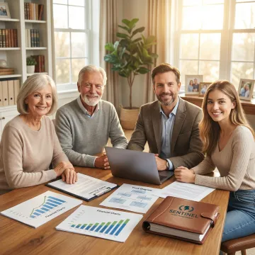 Three generations of family reviewing financial legacy planning documents together