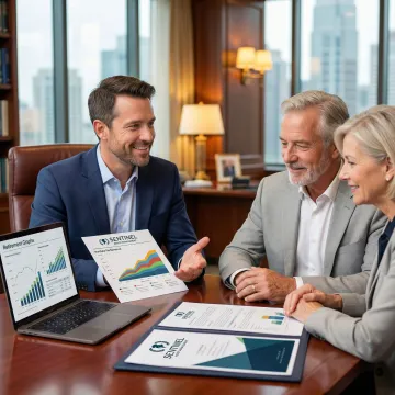Senior couple reviewing retirement investment portfolio with financial advisor