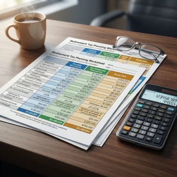 Retirement planning documents showing tax-deferred and tax-free account strategies with calculator and glasses