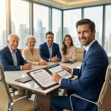 Multi-generational family discussing financial planning with wealth advisor at conference table