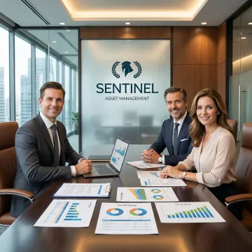 Wealth advisor reviewing tax planning documents with high-net-worth family clients in modern office setting