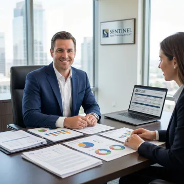 Financial advisor reviewing capital gains tax strategy with client using digital portfolio analysis tools