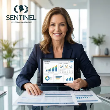 Confident professional woman reviewing financial plan on tablet in modern office