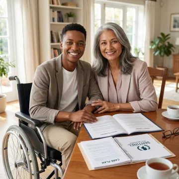 Parent and adult child with special needs reviewing financial documents together