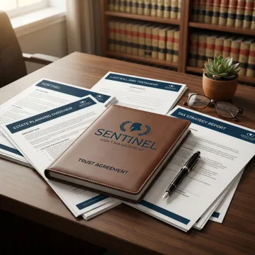 Estate planning documents including wills and trusts on professional desk