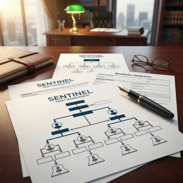 Estate planning documents with trust agreements and asset distribution charts
