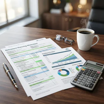Retirement planning documents and financial charts on desk with calculator and coffee