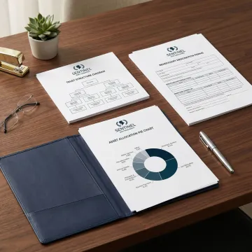Estate planning strategy session with financial documents and wealth transfer diagrams