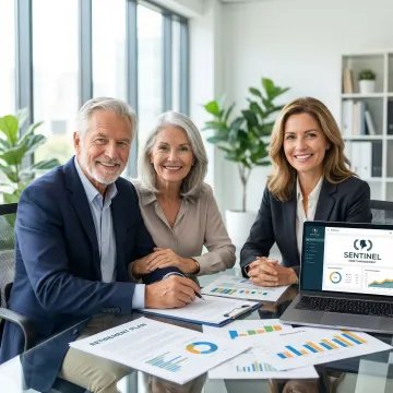 Senior couple reviewing financial planning documents with advisor in modern Virginia Beach office
