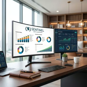 Modern retirement planning office with financial charts and digital portfolio displays