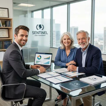 Financial advisor reviewing retirement planning documents with mature couple