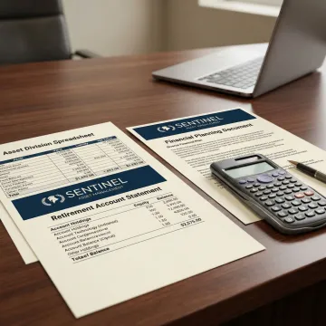 Financial specialist reviewing divorce settlement documents with charts and calculator