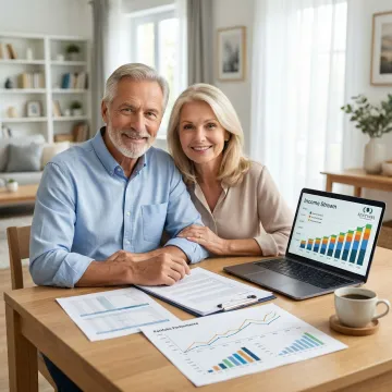 Senior couple reviewing retirement income projections with financial charts