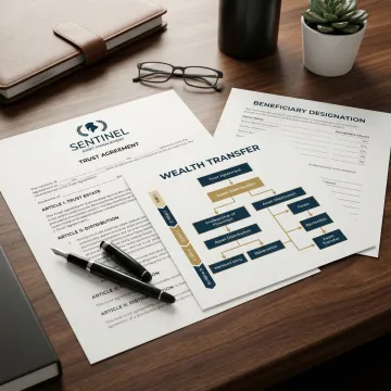Estate planning documents showing trust structures and tax optimization strategies
