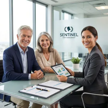 Senior couple reviewing financial retirement plan documents with advisor in Maryland