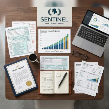 Retirement planning with tax documents and estate planning materials