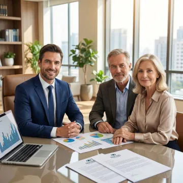 Professional financial advisor consulting with pre-retiree couple reviewing retirement documents