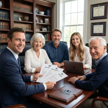 Family reviewing estate planning documents with financial advisor