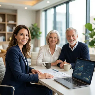 Senior couple reviewing retirement financial documents with a professional advisor at a modern office