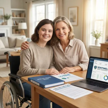 Parent and adult child with special needs reviewing financial planning documents together