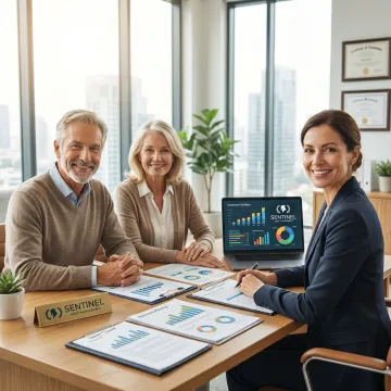 Senior couple reviewing retirement income plan with financial advisor at office table