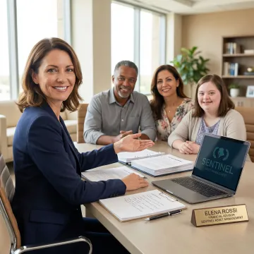 Family meeting with estate planning advisor reviewing special needs trust documents
