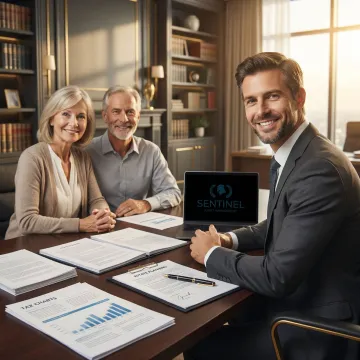 Financial advisor reviewing estate planning documents with clients in modern office