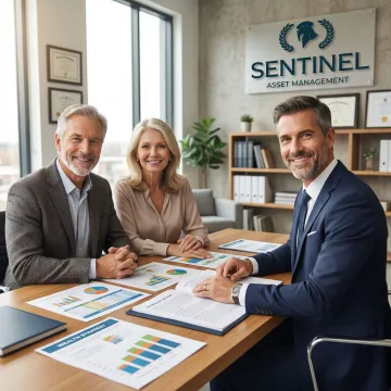 Senior couple reviewing comprehensive retirement financial plan with advisor at desk