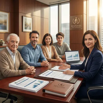 Family reviewing estate planning documents with financial advisor