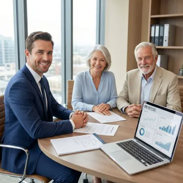 Senior couple reviewing estate planning documents with financial advisor at desk