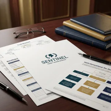 Estate planning documents showing trust structures and tax strategies