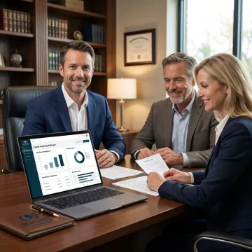 Estate planning advisor consulting with family reviewing trust documents and digital planning tools