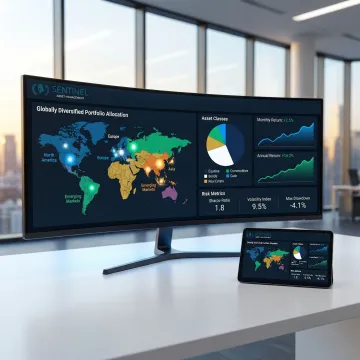 Diversified investment portfolio dashboard showing global asset allocation and performance metrics