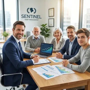 Multigenerational family reviewing investment portfolio with financial advisor in modern office