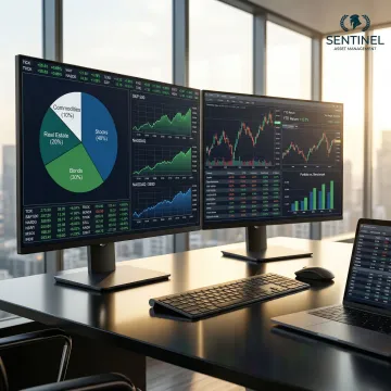Financial charts and investment portfolio analysis displayed on multiple monitors