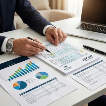 Financial charts and tax documents being analyzed by professional advisors