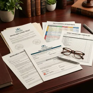 Estate planning documents with trust agreements and tax strategy materials on desk