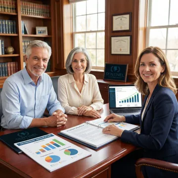 Senior couple reviewing retirement financial plan with advisor