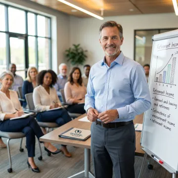 Financial advisor presenting retirement planning concepts on a whiteboard