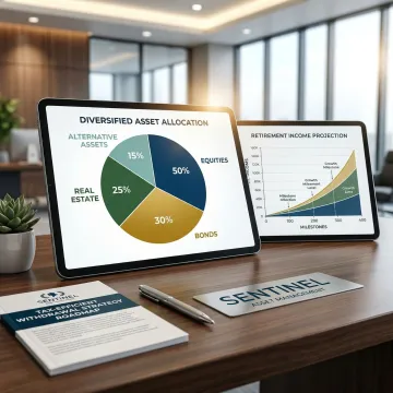 Diverse portfolio charts showing asset allocation and retirement income projections