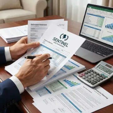 Person reviewing detailed financial documents and calculator with confidence