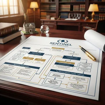 Estate planning blueprint with financial documents and trust structures