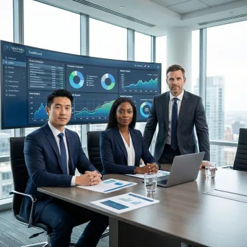 Professional financial advisors reviewing institutional portfolio analytics on multiple screens