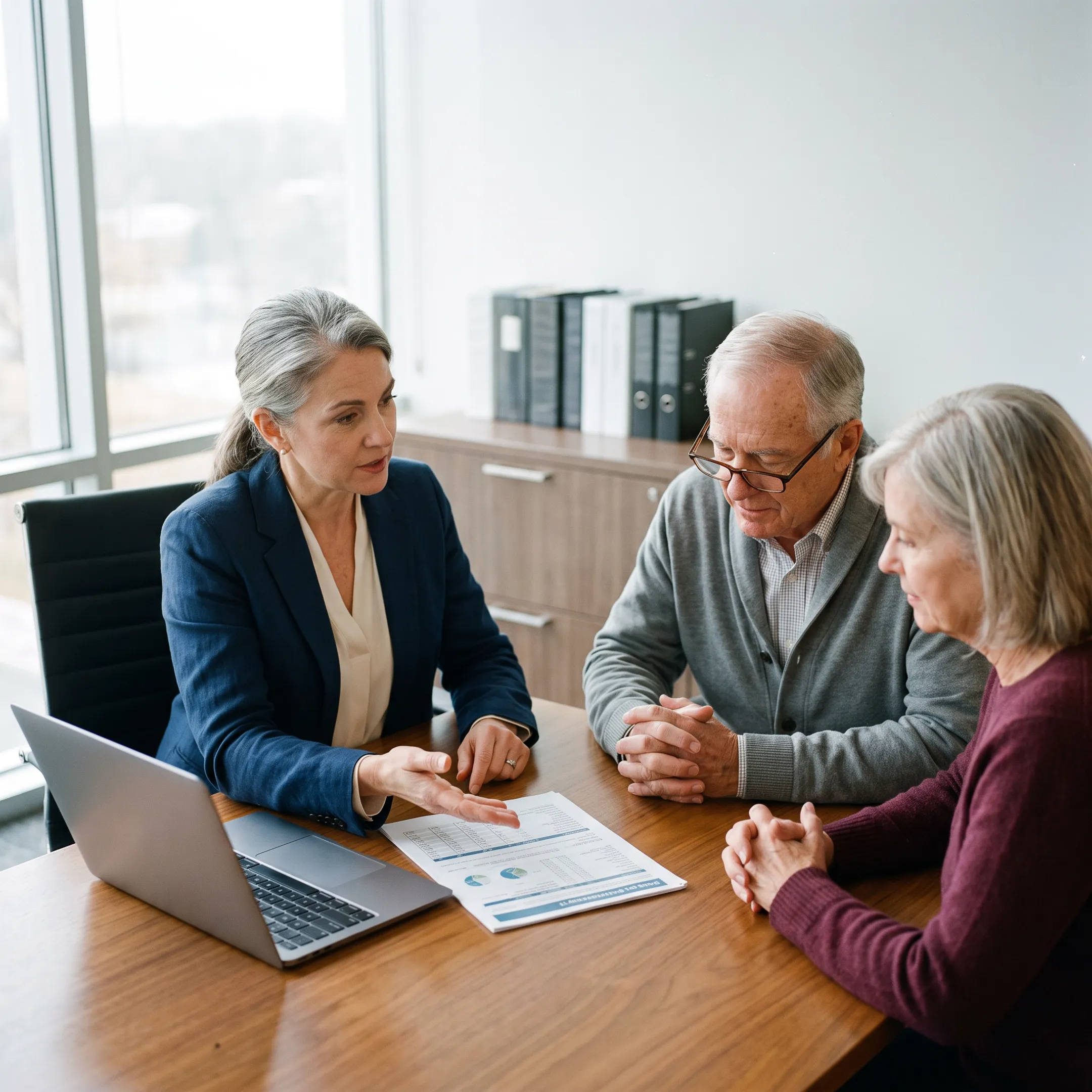 Couple reviewing estate planning documents with an advisor