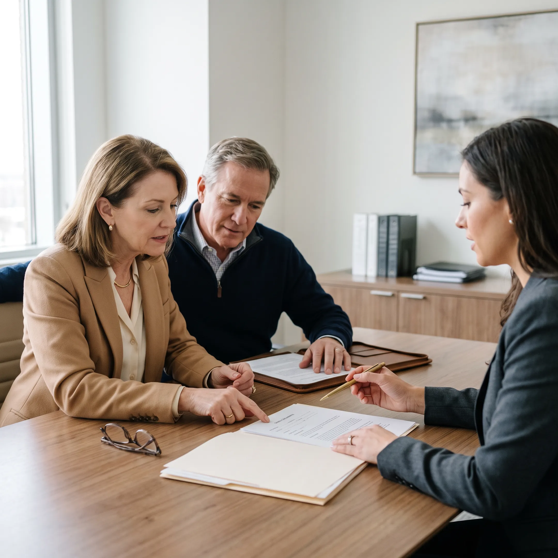 Couple reviewing estate planning documents with an advisor