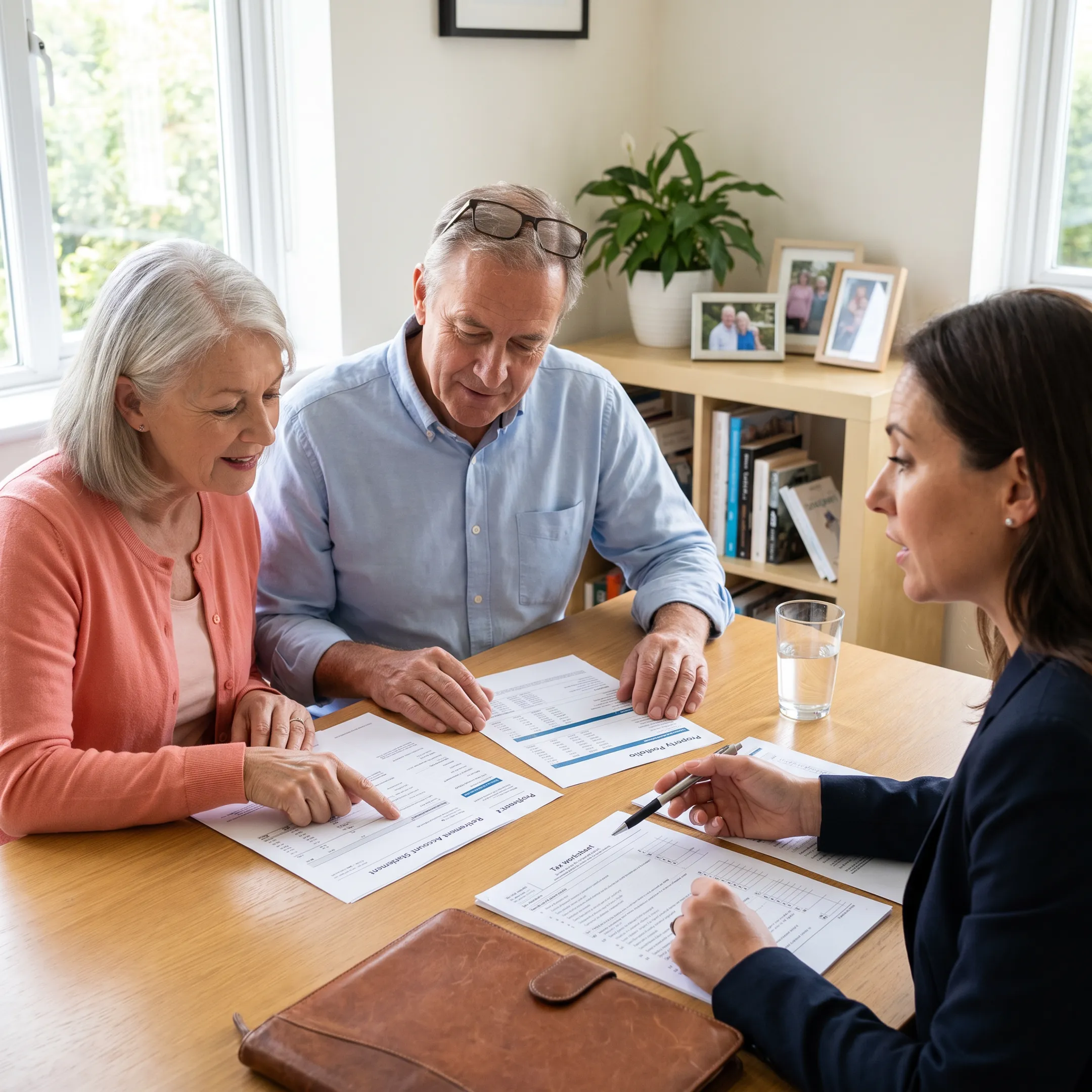 Retired couple reviewing real estate and tax documents