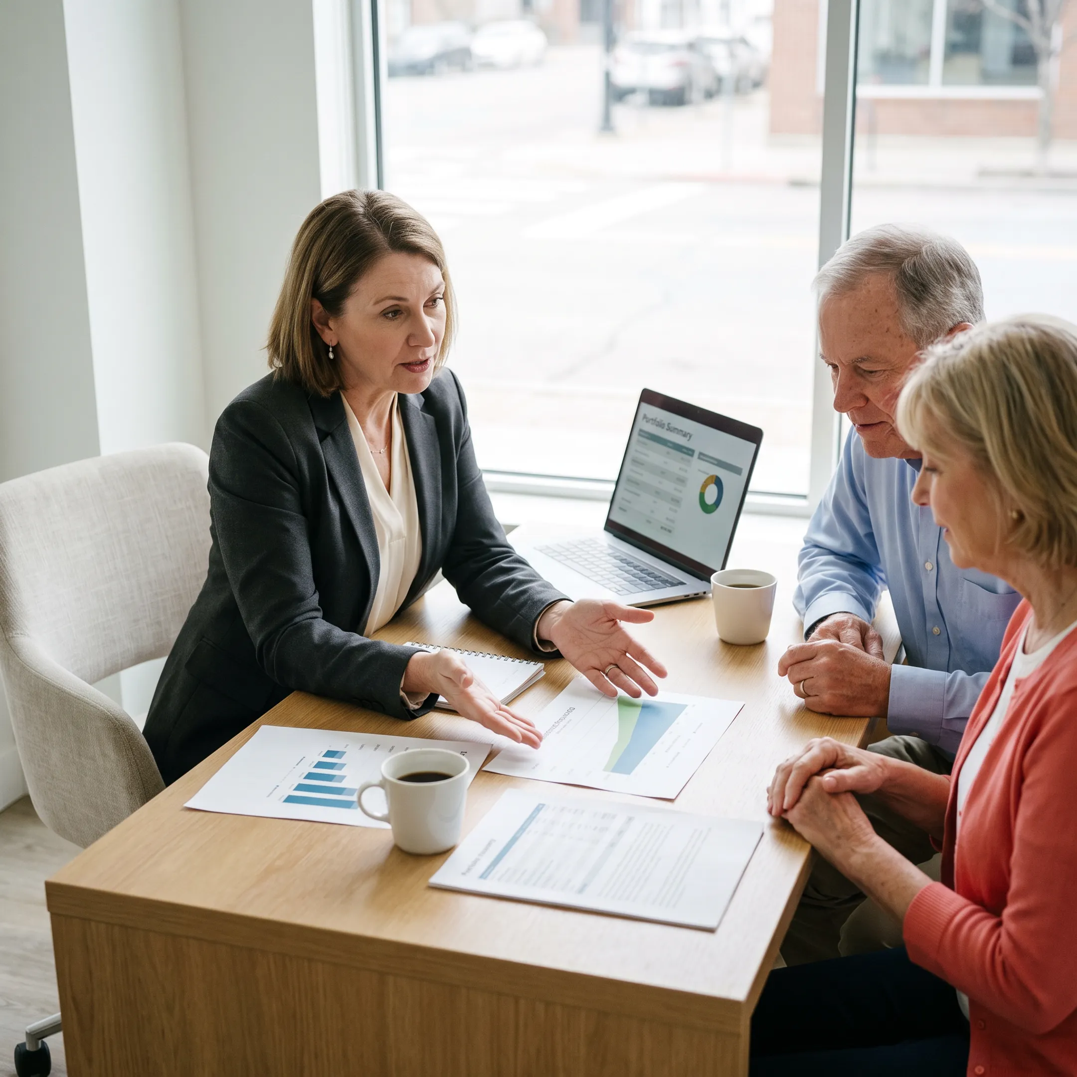 Couple reviewing retirement income plan with advisor