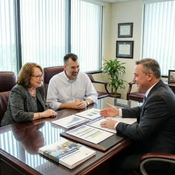Financial advisor discussing retirement planning strategies with a couple reviewing documents at a modern conference table
