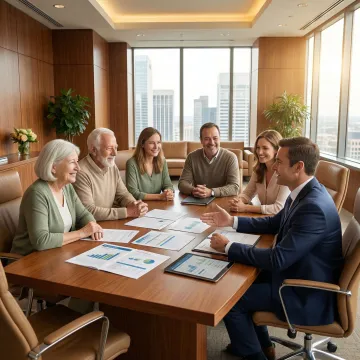 Multi-generational family reviewing financial legacy planning documents with wealth advisor