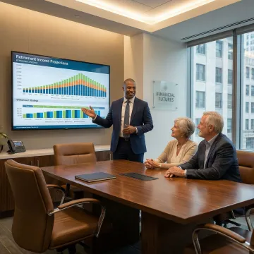 Financial advisor presenting retirement income projection charts to clients